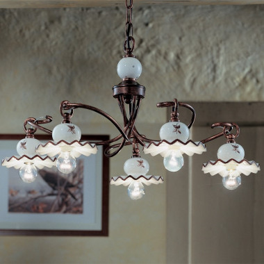 ROMA C403/5LA FERROLUCE Lámpara de araña con 5 luces en cerámica decorada de estilo rústico