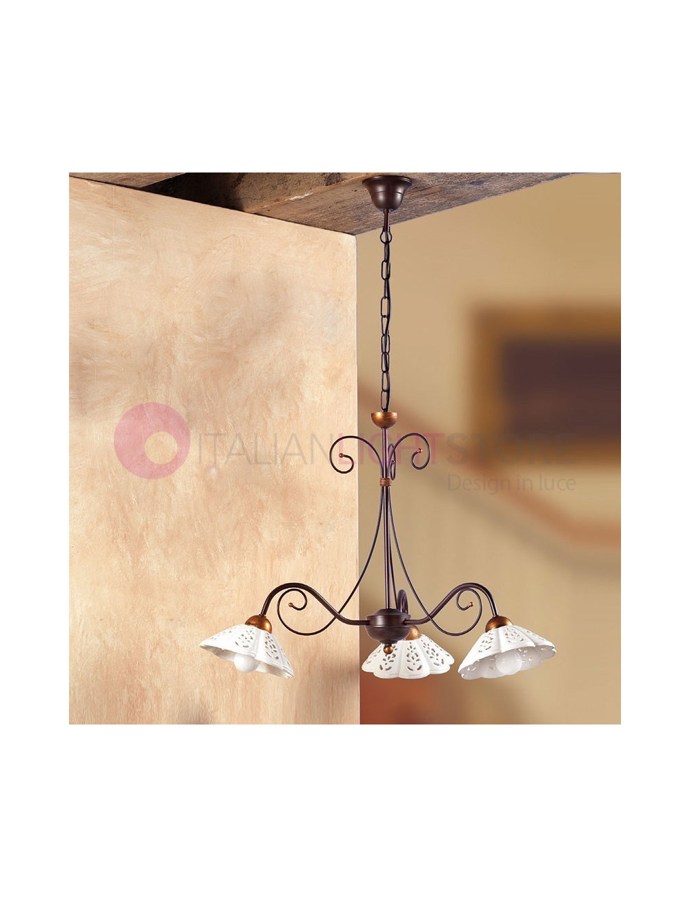 CALCINAIA Chandelier 3 Lights in Ceramic and Wrought Iron Rustic Country - Ceramiche Borso