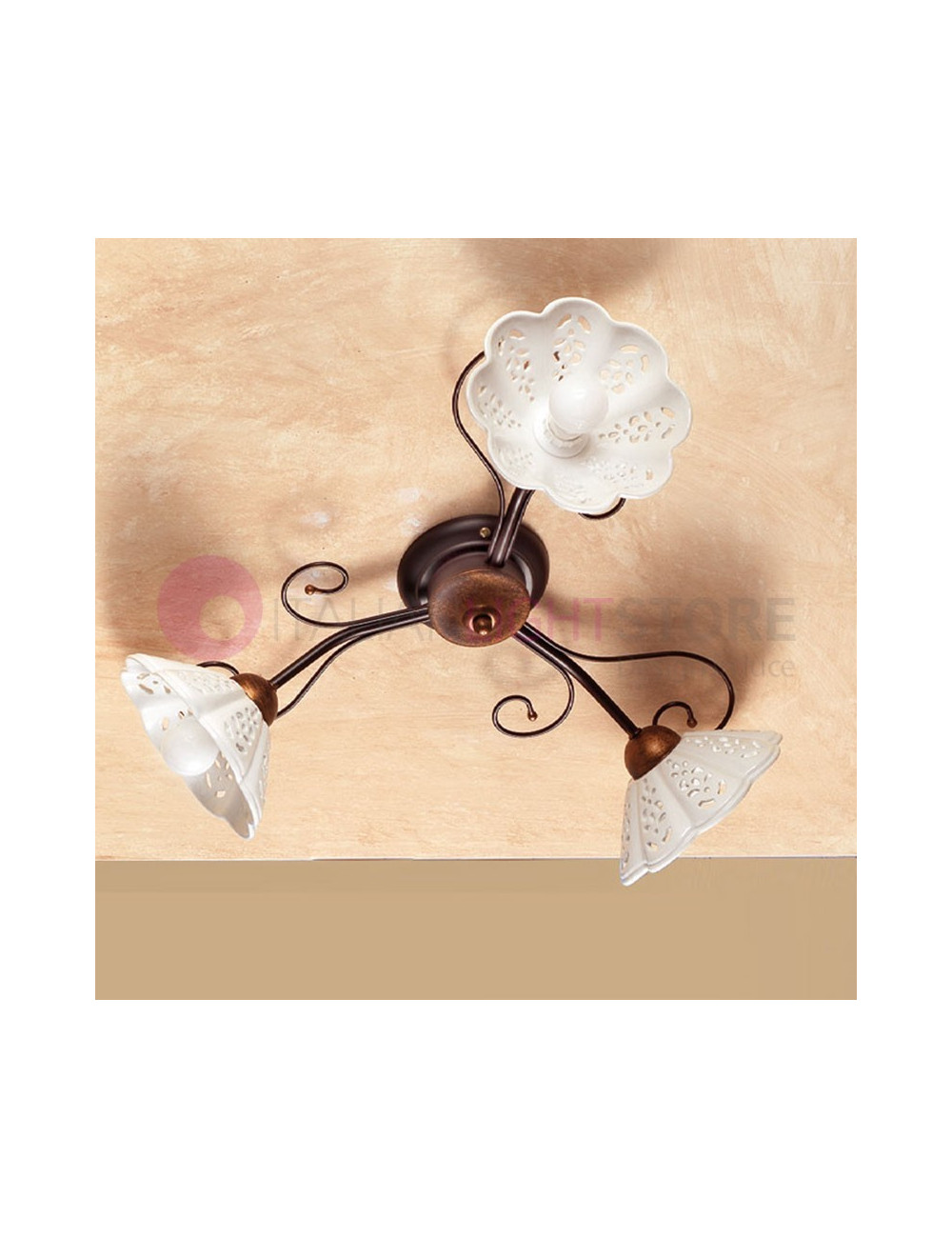 CALCINAIA Ceiling light with 3 Lights in Ceramic and Wrought Iron Rustic Country - Ceramiche Borso