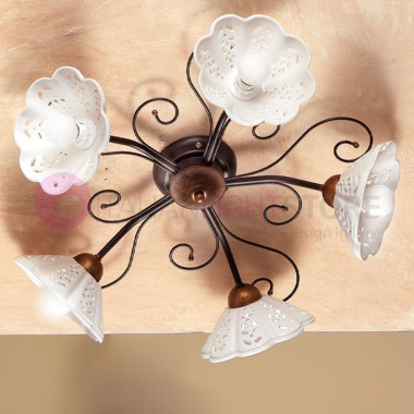 CALCINAIA Ceiling light with 5 Lights in Ceramic and Wrought Iron Rustic Country - Ceramiche Borso