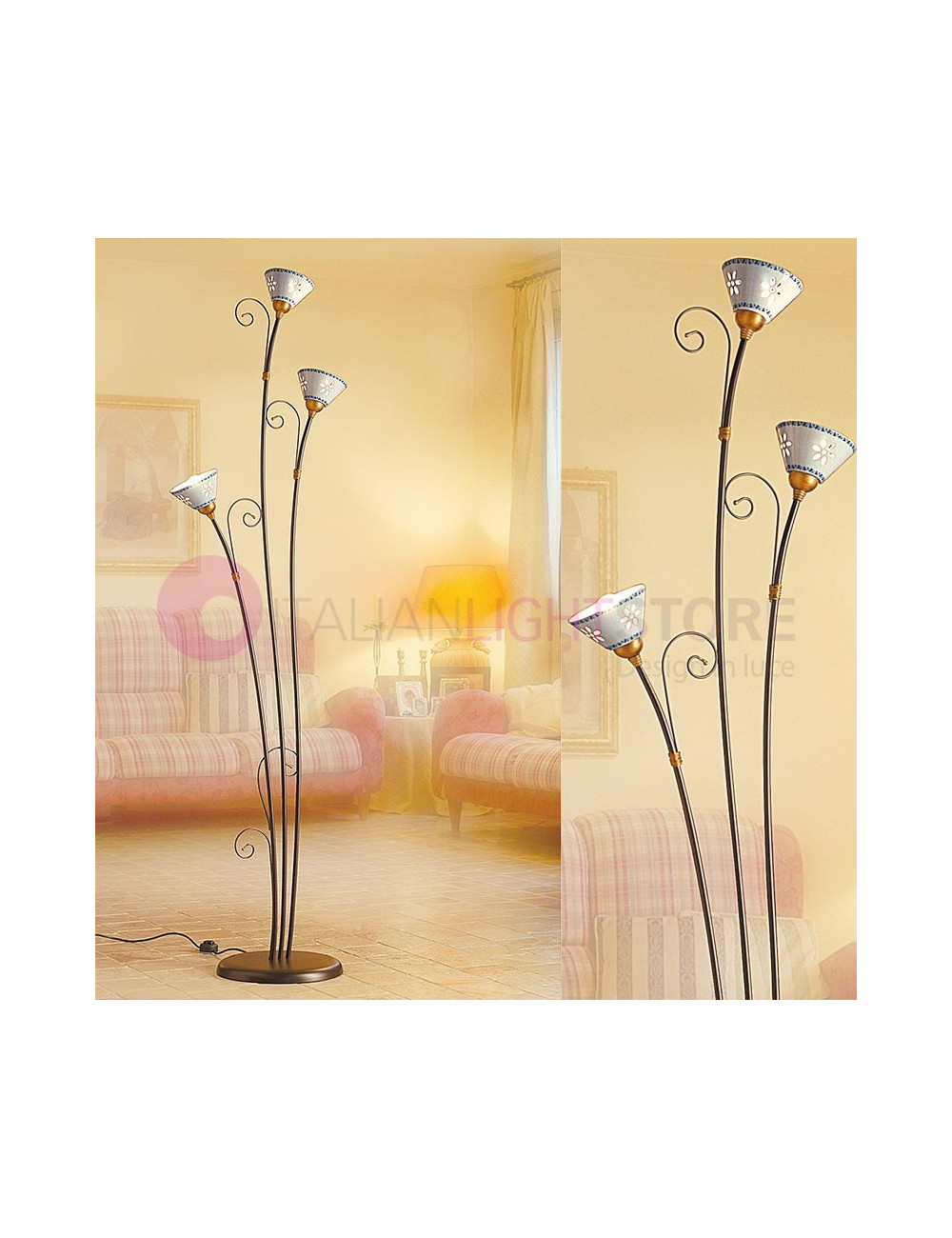 MASSAROSA Floor lamp 3 Lights in Ceramic and Wrought Iron Rustic Country - Ceramiche Borso