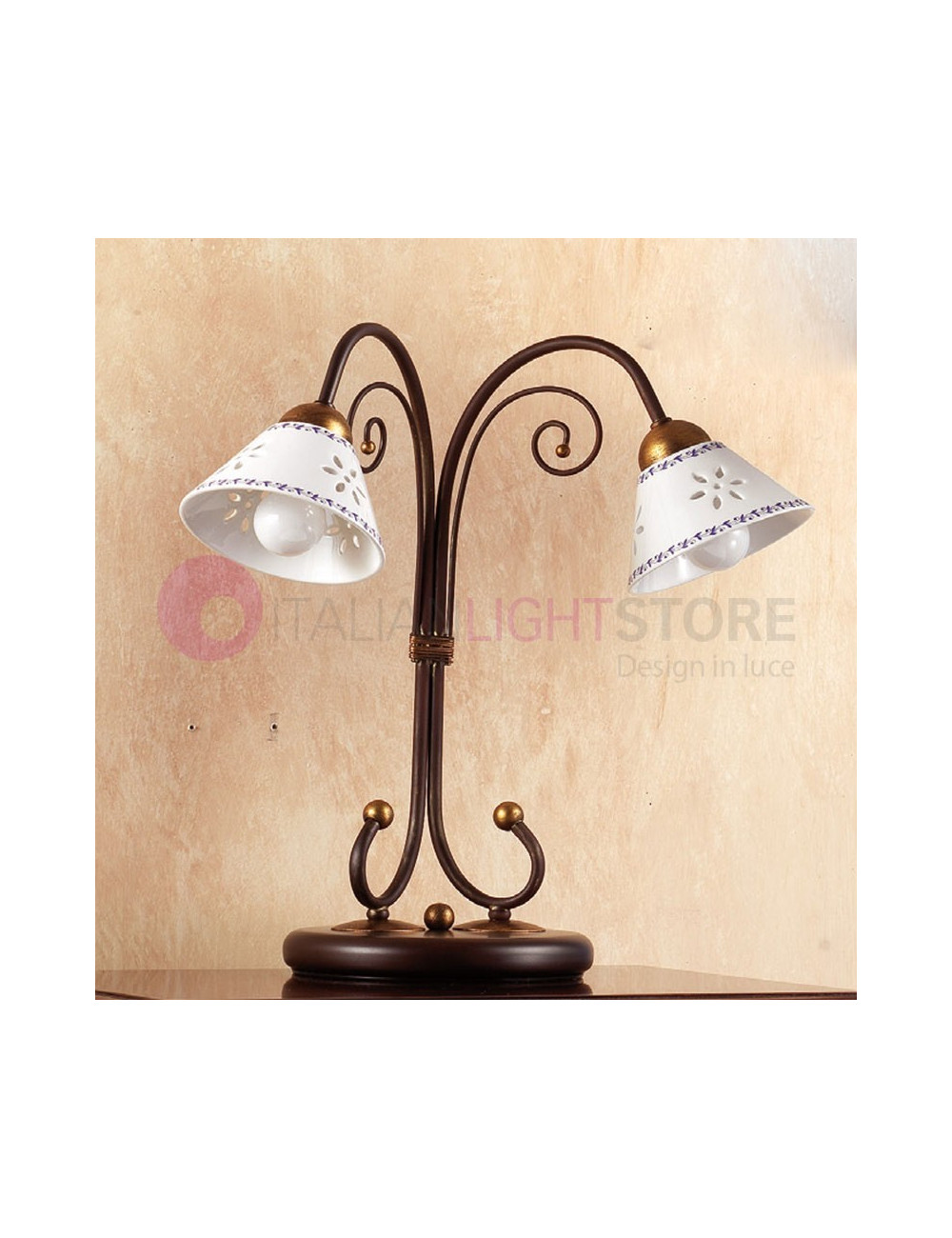 MASSAROSA Lampada da Tavolo a 2 Luci Ceramica e Ferro Battuto Rustica Country - Ceramiche Borso