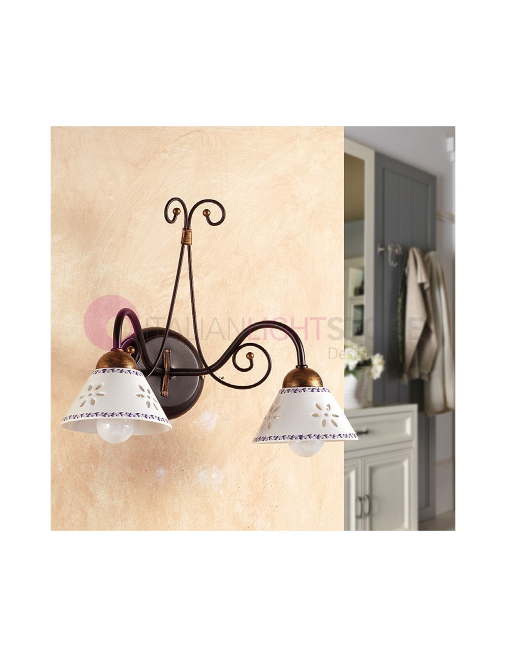 MASSAROSA Lampada a Parete a 2 Luci Ceramica e Ferro Battuto Rustica Country - Ceramiche Borso