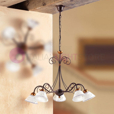 MASSAROSA Lustre rustique à 5 lampes en fer et céramique blanche décor
