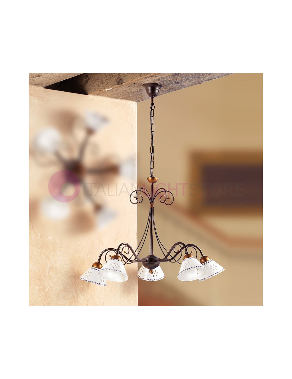 MASSAROSA Lampadario a 5 Luci Ceramica e Ferro Battuto Rustico Country - Ceramiche Borso