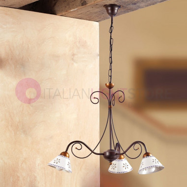 MASSAROSA Rustic Country Hanging Light 3-Bulb Metal and Ceramic - Ceramiche Borso