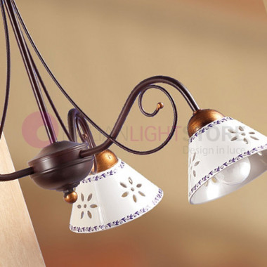 MASSAROSA Lustre rustique campagnard à 3 lampes en fer et céramique blanche 