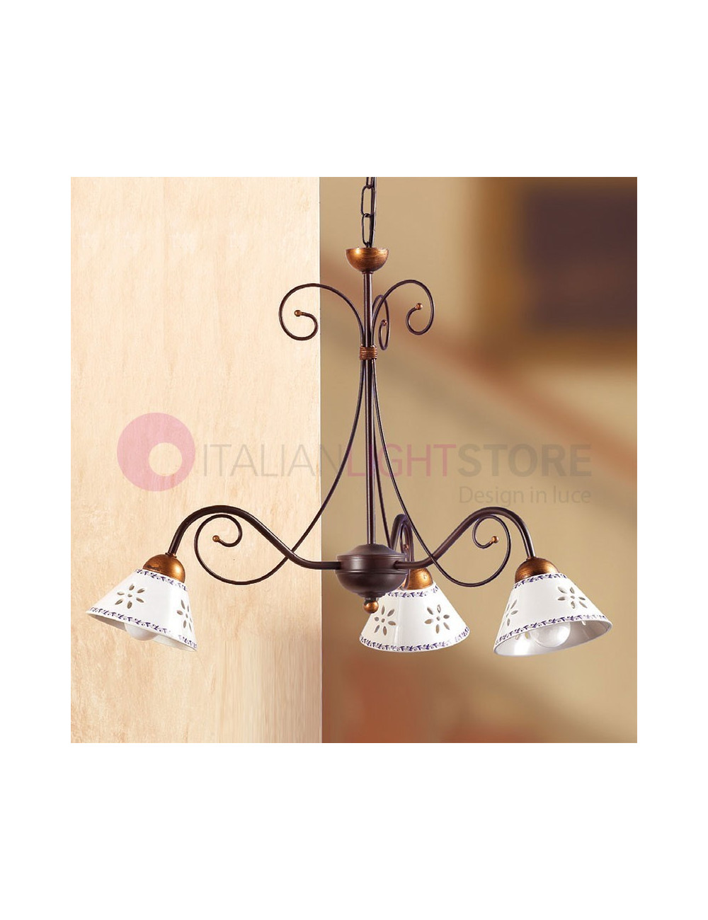 MASSAROSA Lampadario a 3 Luci Ceramica e Ferro Battuto Rustico Country - Ceramiche Borso