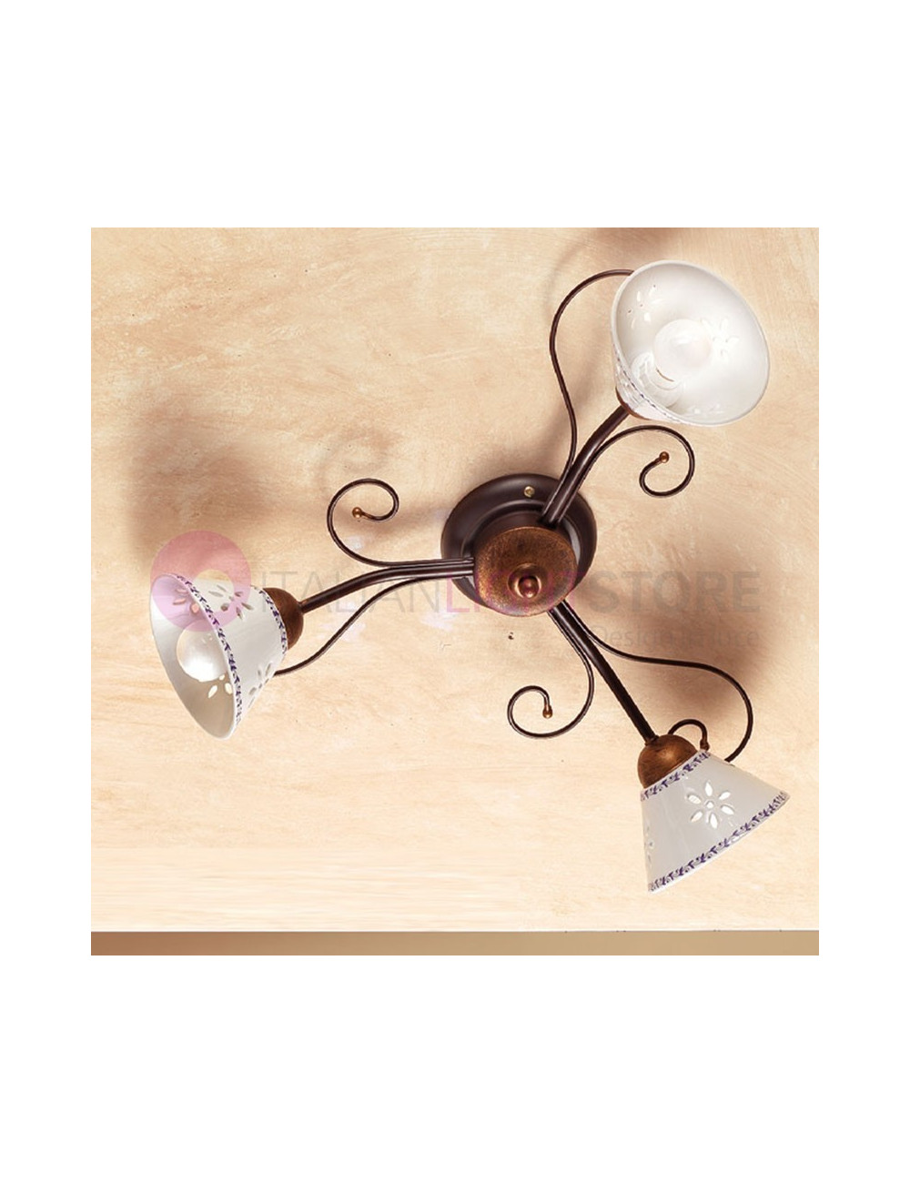 MASSAROSA de la luz de Techo Lámpara de Techo 3 Luces de Cerámica y Hierro Forjado Rústico País - Ceramiche Borso MASSAROSA de la luz de Techo Lámpara de Techo 3 Luces de Cerámica y Hierro Forjado Rústico País - Ceramiche Borso