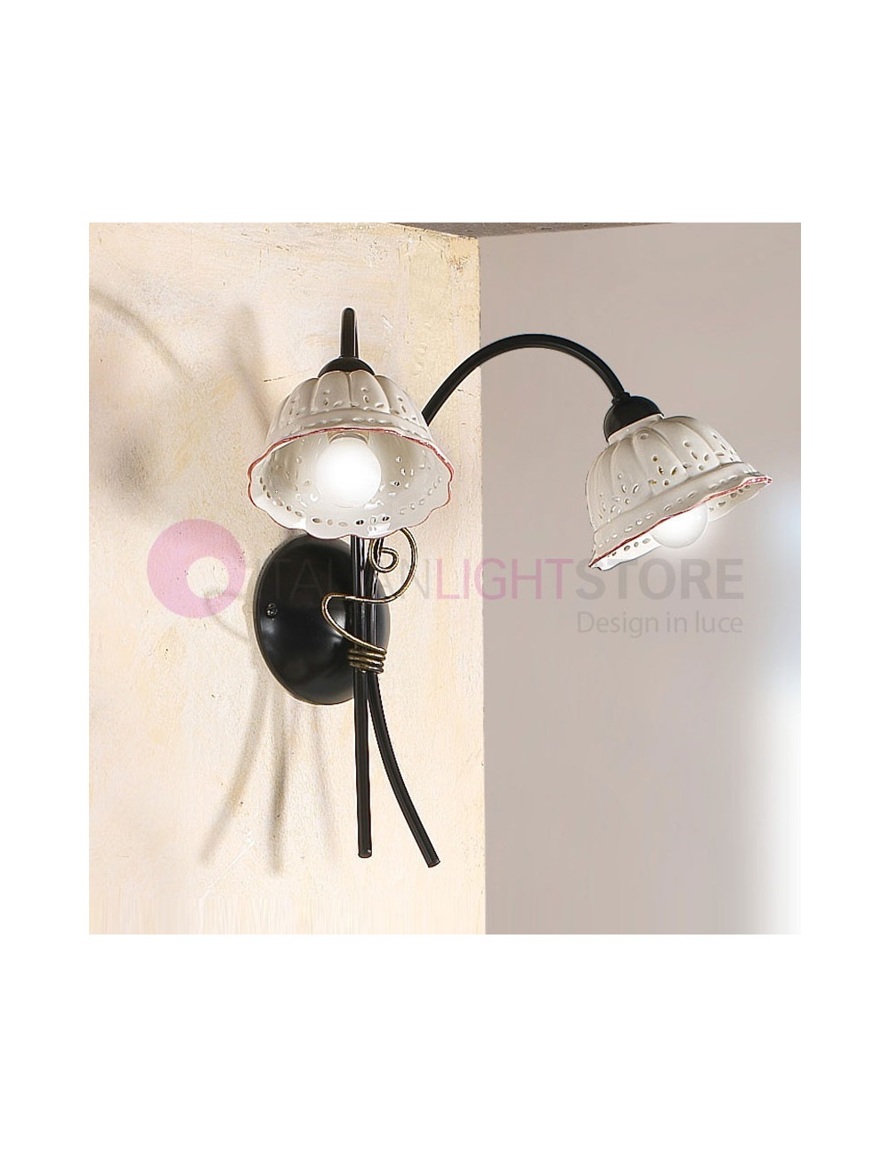 TAVERNELLE Applique Lampada a Parete a 2 luci Ferro Battuto e Ceramica Rustica - Ceramiche Borso