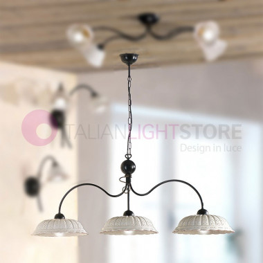TAVERNELLE Chandelier in Wrought Iron and Pottery Rustic Country - Ceramiche Borso