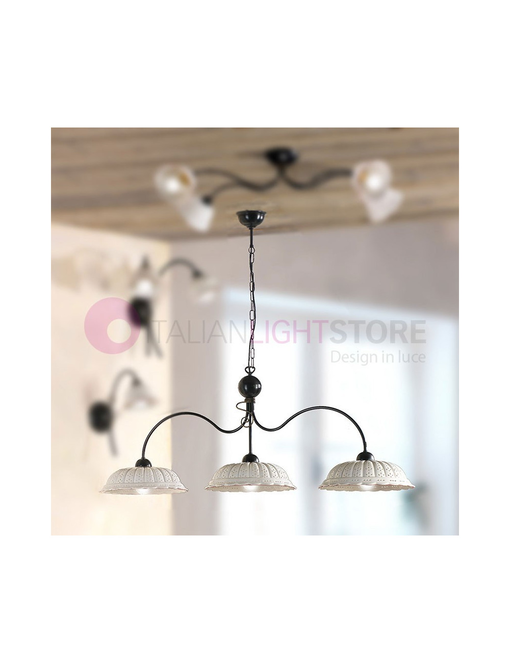 TAVERNELLE Chandelier in Wrought Iron and Pottery Rustic Country - Ceramiche Borso