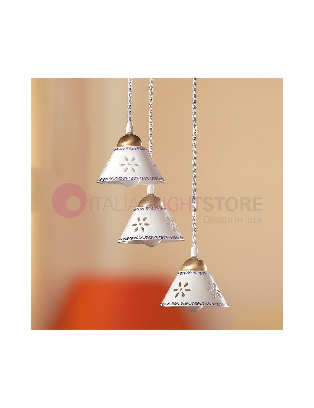 MASSAROSA  Suspension rustique à 3 lampes reglables céramique cone blanc rustique campagne - Ceramiche Borso