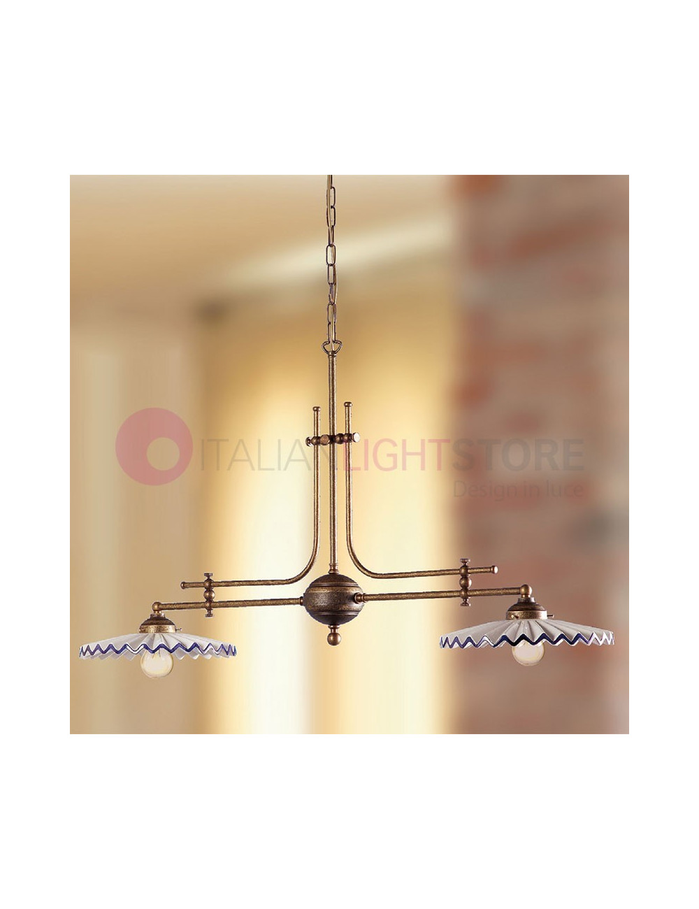 CASCINA Gimbal Suspension 2 Lights Ceramic Brass Rustic Country - Ceramiche Borso