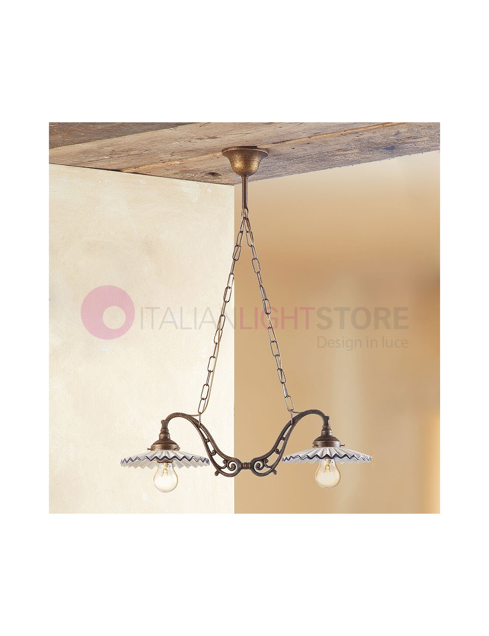 FARMHOUSE Chandelier, 2-lamp Ceramic and Brass Rustic Country - Ceramiche Borso