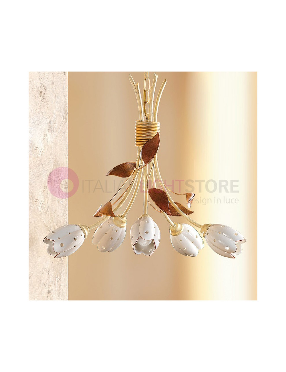 TULIP Chandelier in Wrought Iron and Pottery Rustic Country - Ceramiche Borso