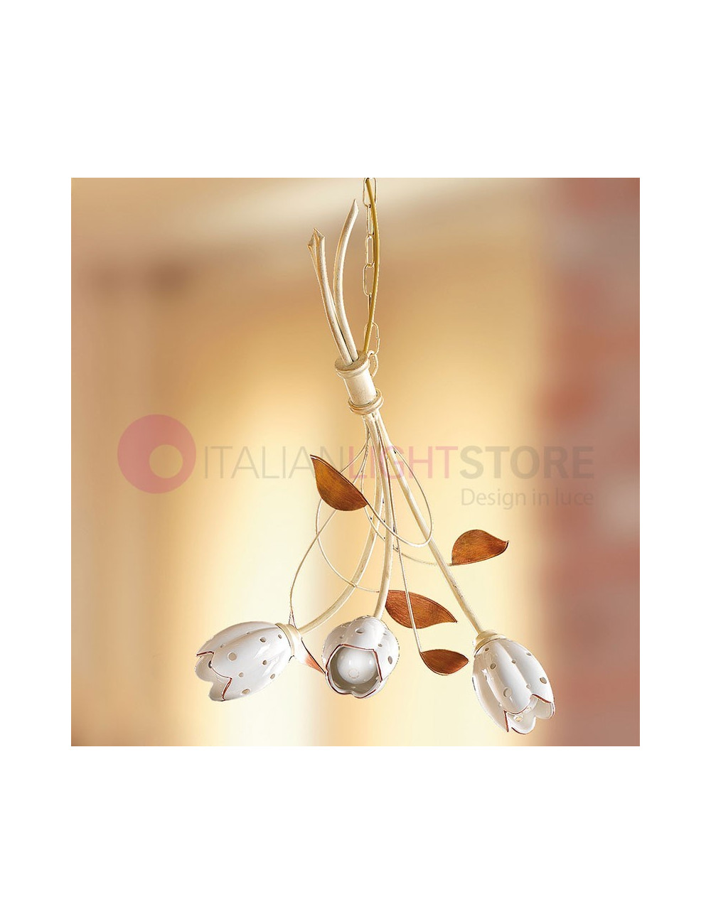 TULIPANO Lampadario in Ferro Battuto e Ceramica Rustico Country - Ceramiche Borso