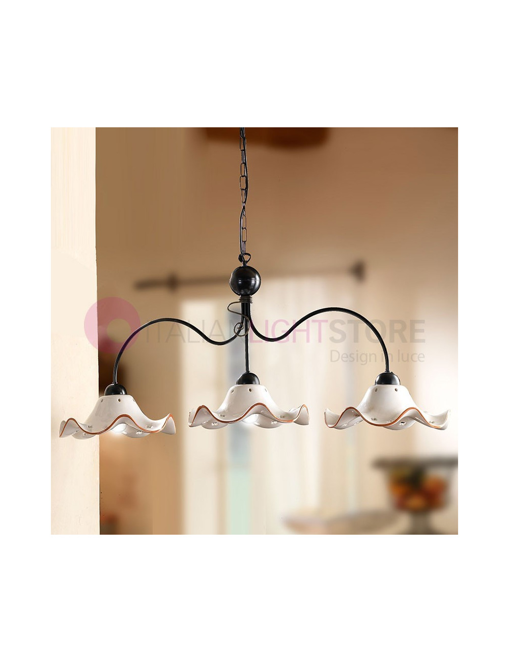 POGGIBONSI Chandelier Rustic Pendant Lamp in Iron and  Hand-made Ceramics - Ceramiche Borso