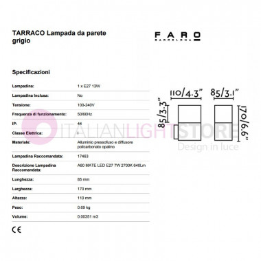 TARRACO Lampada a Parete da Esterno Design Moderno IP44 | Faro
