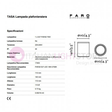 TASA Plafoniera da Esterno H.14 Design Moderno IP44 | Faro