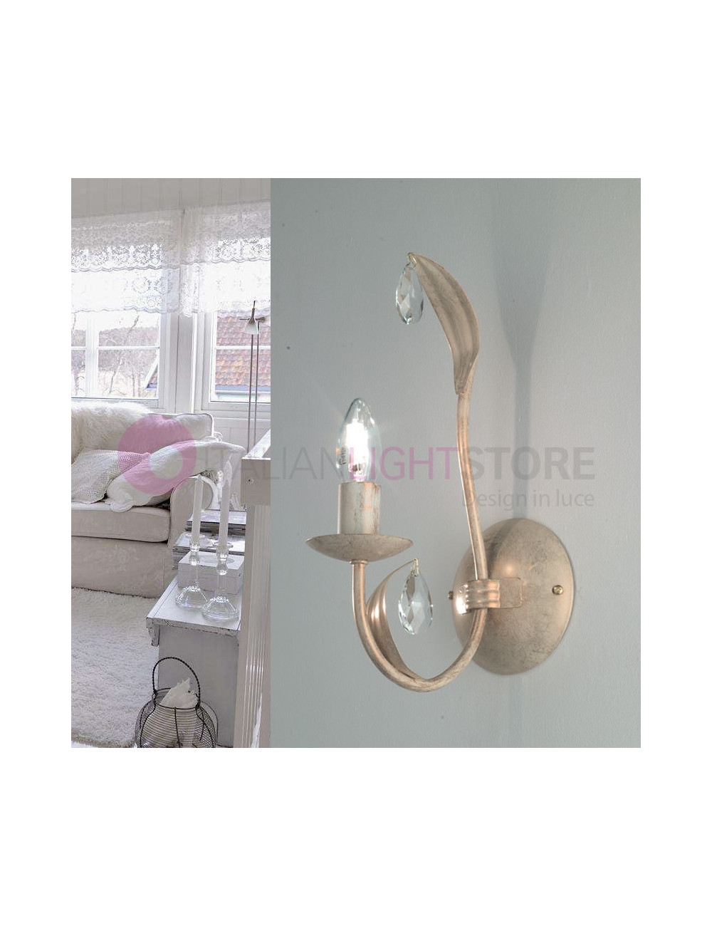 DUCHESSA Applique Candelabro Rustico in Ferro a 1 Luce con Gocce