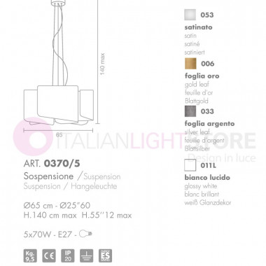 0370/5 PAPIRO Selene Illuminazione | Lampadario Sospensione Cristallo Extra Chiaro D.65 Design Moderno