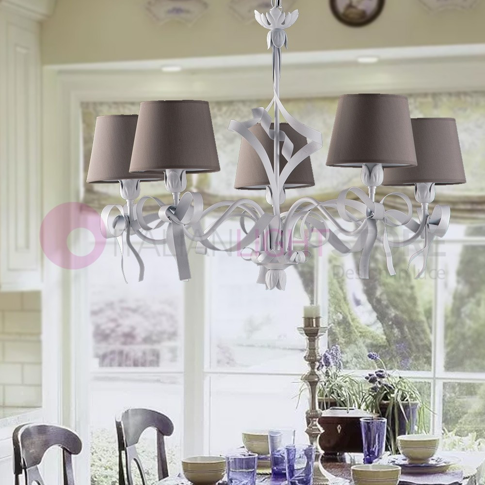 FIOCCO Lampadario a 5 Luci Bianco Classico Shabby Chic con Paralumi