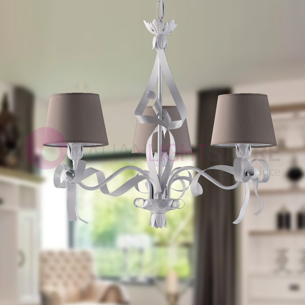 FIOCCO Lampadario a 3 Luci Bianco Classico Shabby Chic con Paralumi