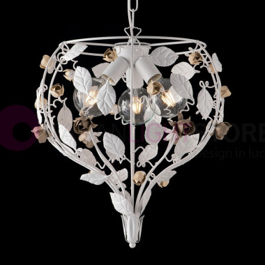 MARBELLA Chandelier Floral Shabby Chic Wrought Iron 3 Lights with leaves