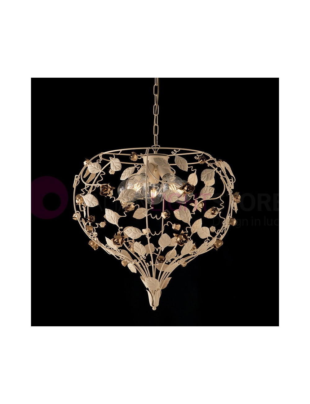 MARBELLA Shabby Chic Floral Candelalier en 5 luces de hierro forjado con hojas