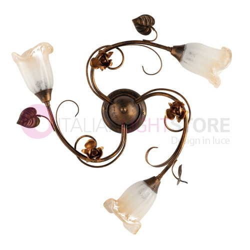 JENNY Rustic ceiling light with wrought iron leaves with 3 Lights Florentine Style