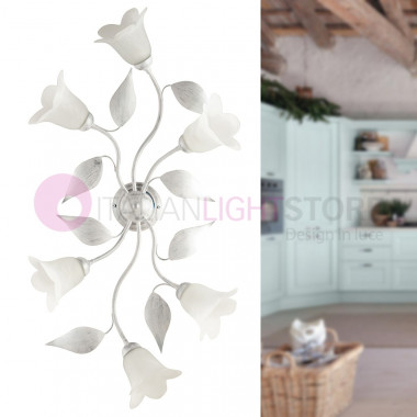 GRETA Rustikale Deckenleuchte mit 6-Licht-Blättern Schmiedeeisen Classic Florentine Stil