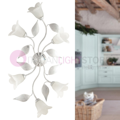 GRETA Ceiling light with rustic leaves 6 Lights wrought Iron Classic Florentine Style