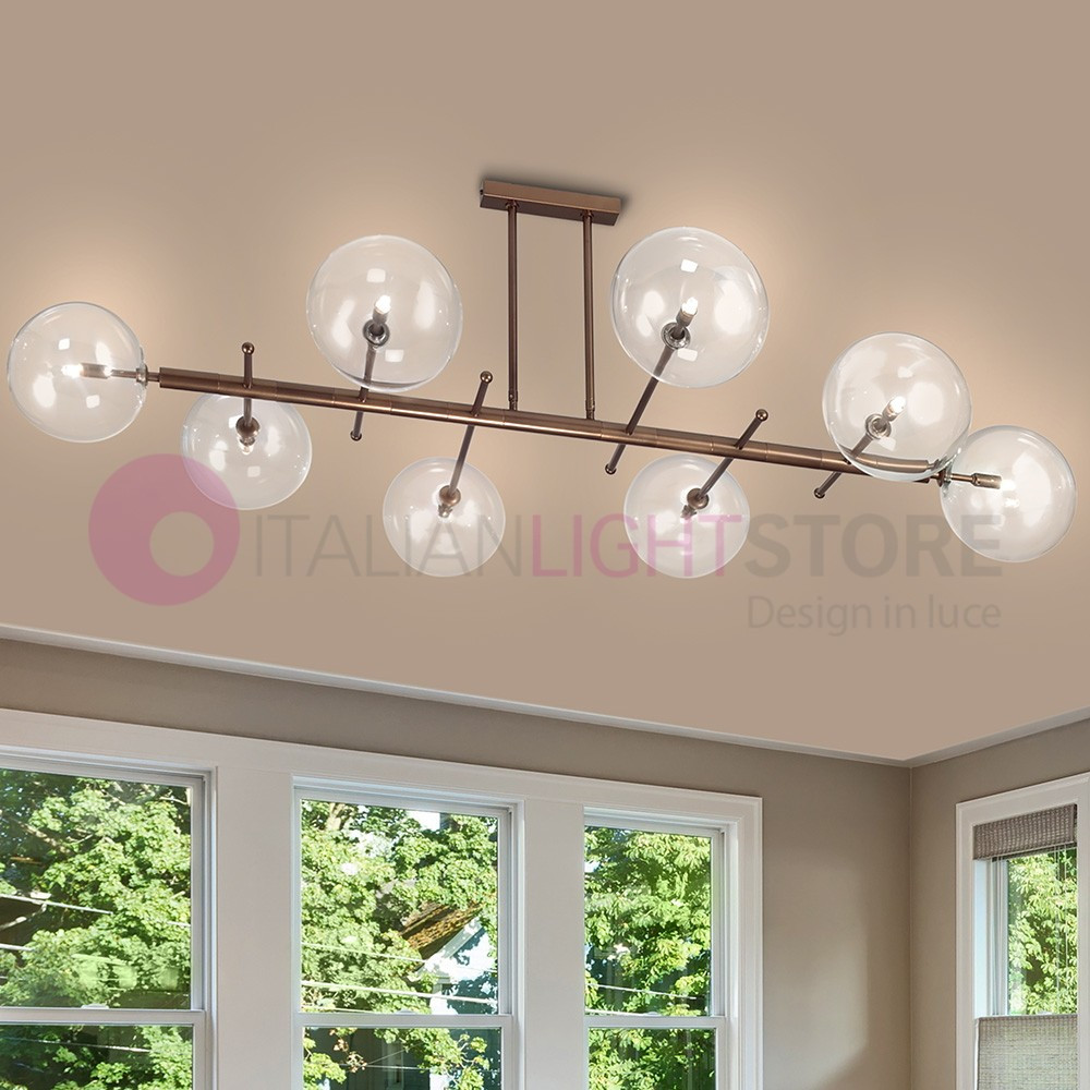 ESTRO Metallux Lighting -Elongated Telescopic Ceiling Light with 8 Glass Spheres