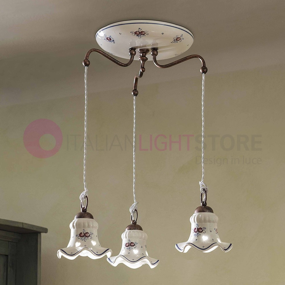 CHIETI FERROLUCE C202SO Suspension 3 lumières Céramique Décorée Base circulaire rustique