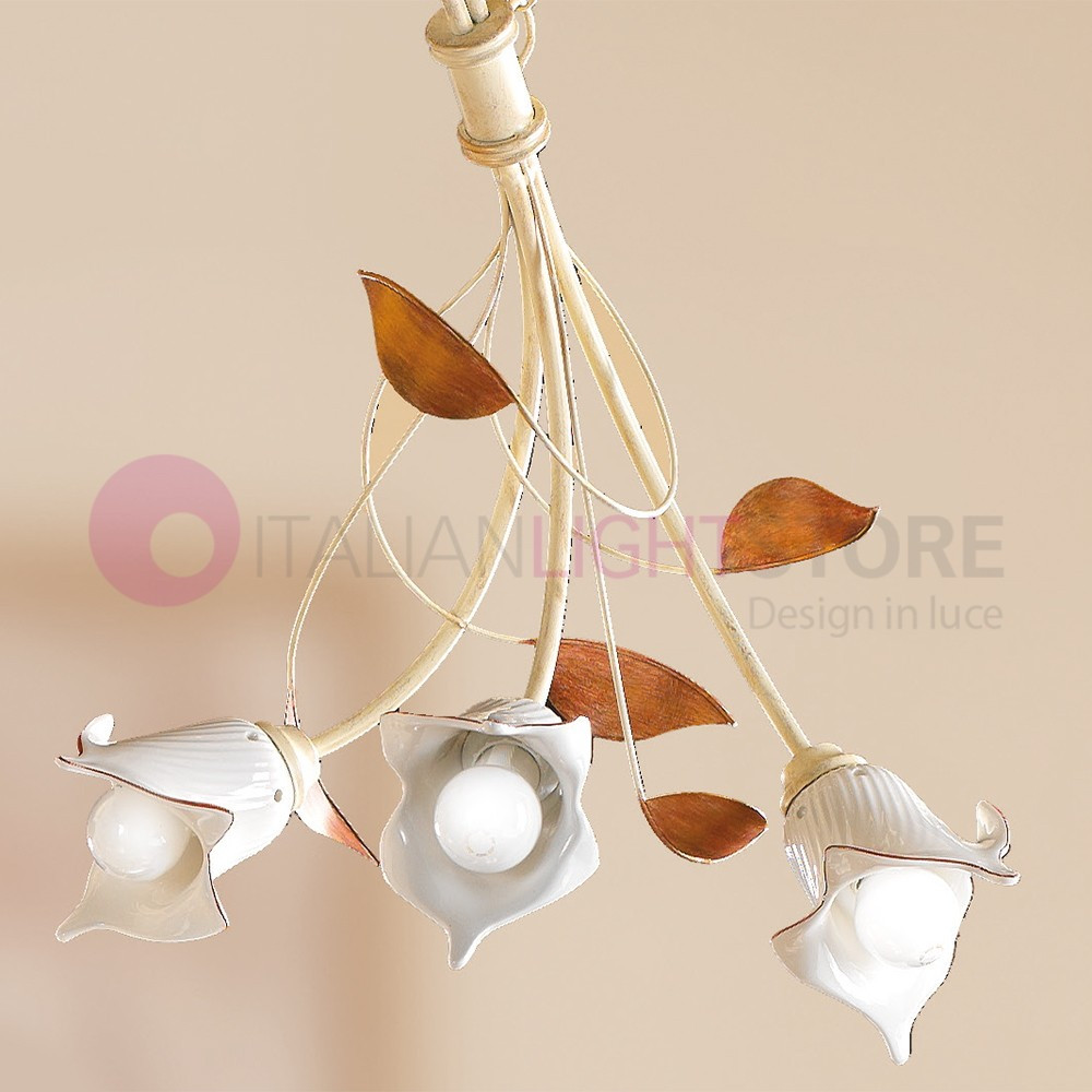 VENTURINA 2209.5 CERAMICHE BORSO Chandelier 3 Lights in wrought Iron, and Ceramic Rustic Country