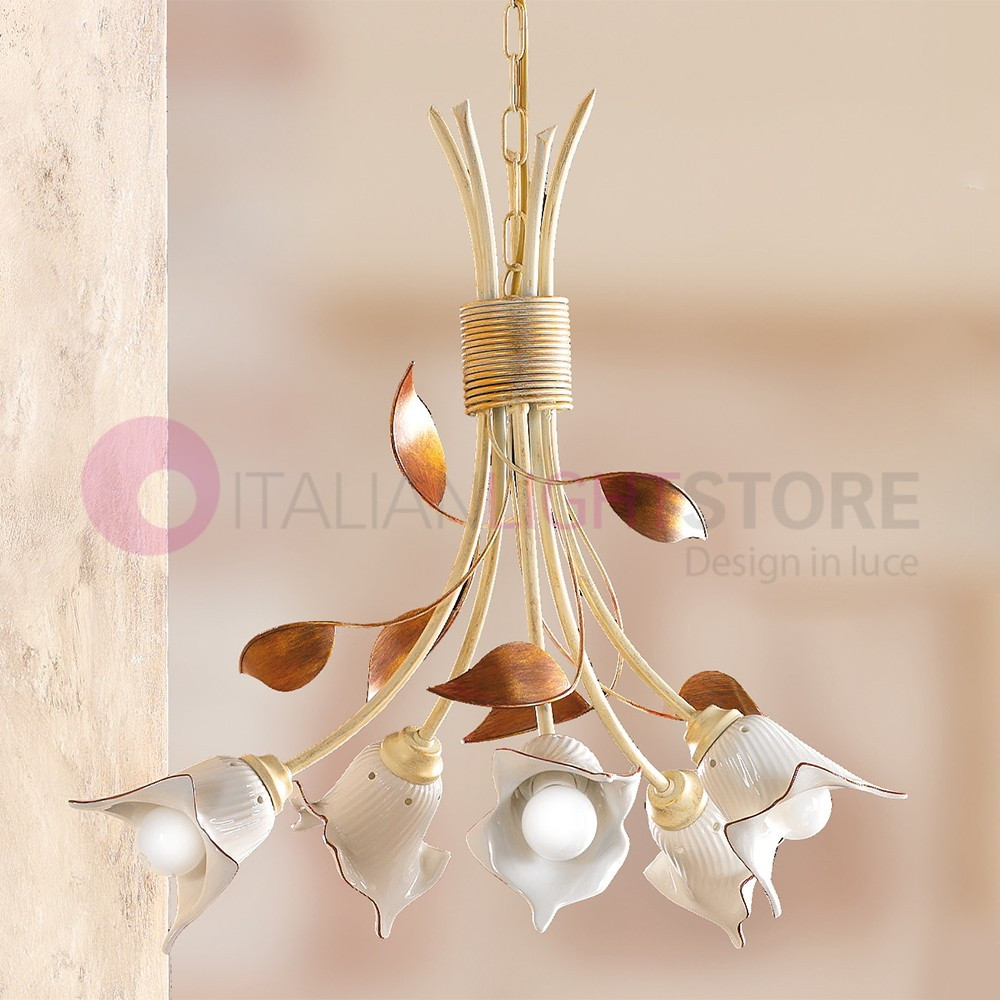 VENTURINA 2209.5 CERAMICHE BORSO Lampadario a 5 Luci in Ferro e Ceramica Rustico Country