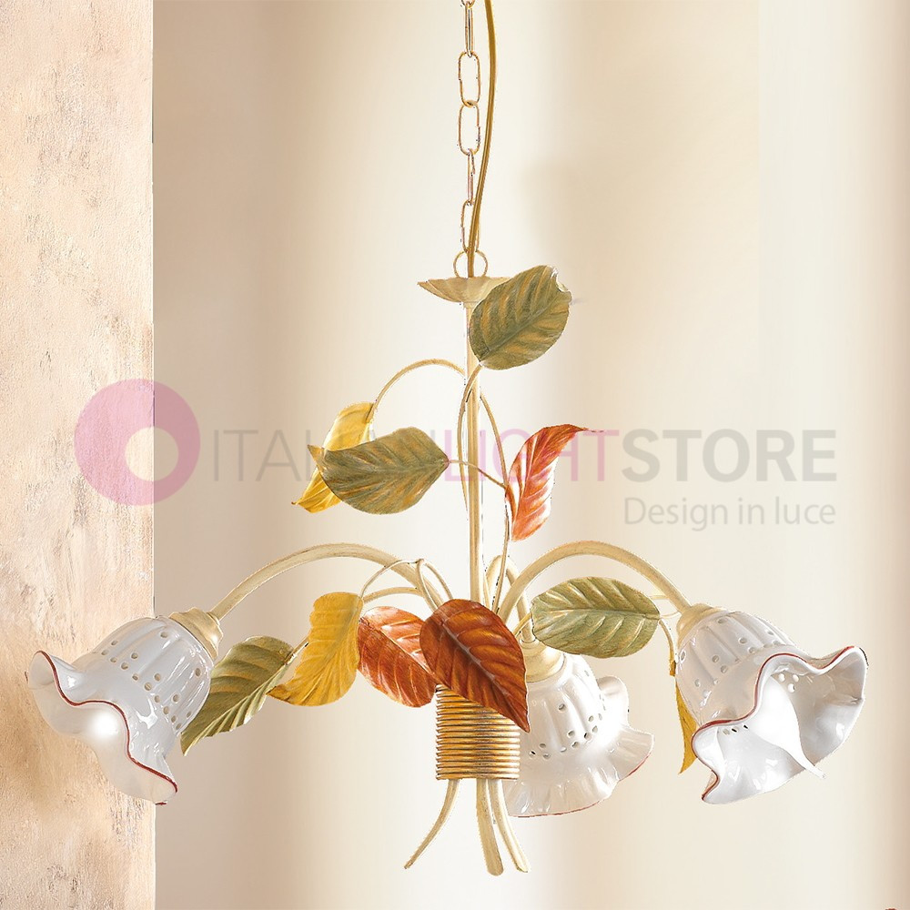 CAMPIGLIA 2205.3 CERAMICHE BORSO Chandelier 3 Lights in wrought Iron, and Ceramic Rustic Country