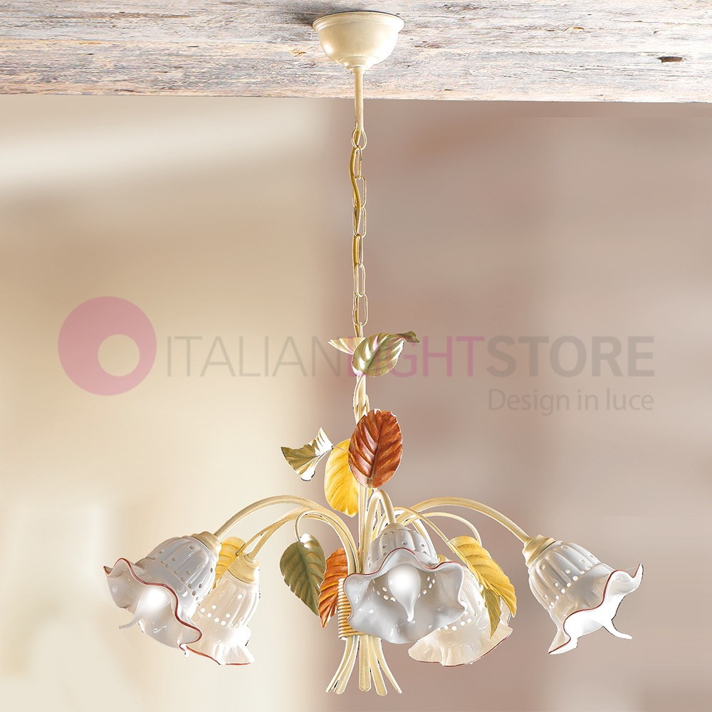 CAMPIGLIA 2205.5 CERAMICHE BORSO Chandelier 5 Light in wrought Iron, and Ceramic Rustic Country