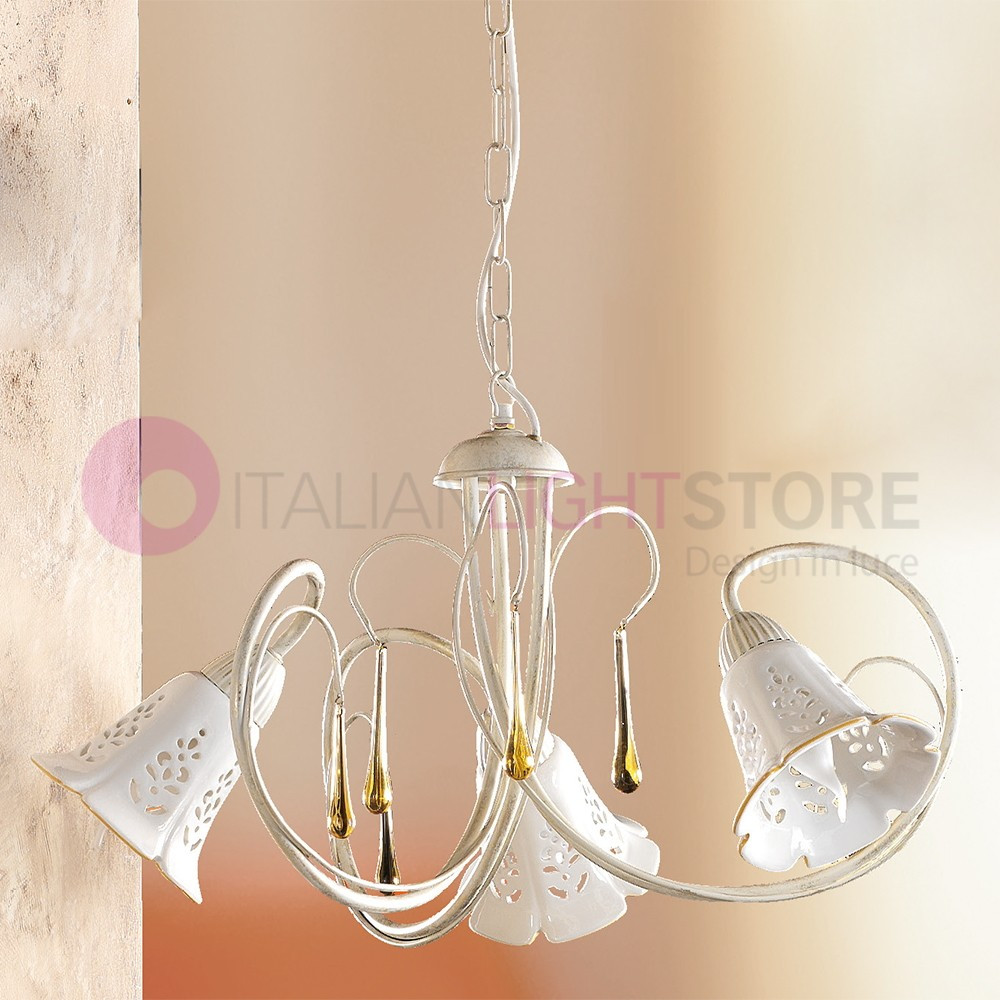 SUVERETO 2208.3 CERAMICHE BORSO Chandelier 3 Lights in wrought Iron, and Ceramic Rustic Country