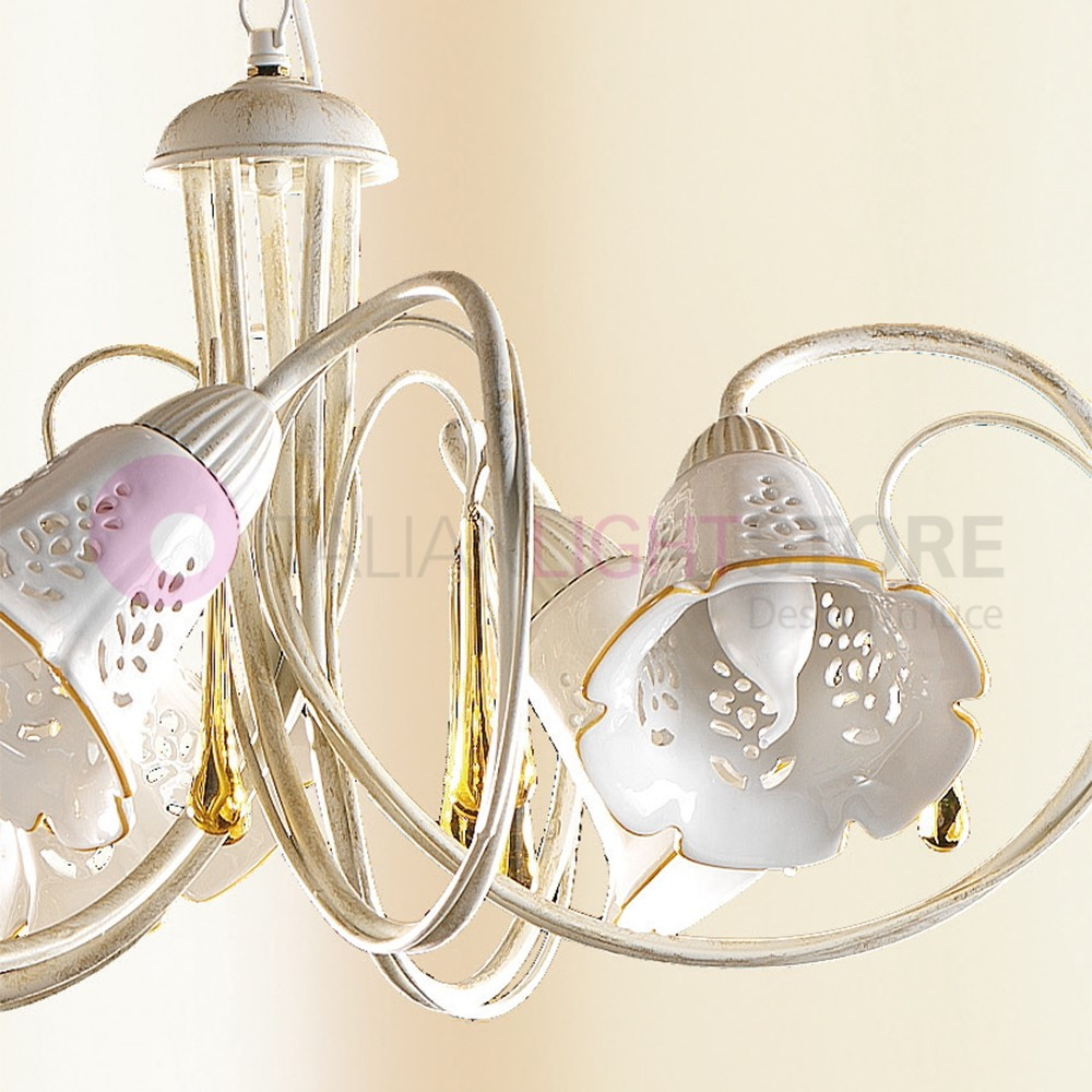 SUVERETO 2208.5 CERAMICHE BORSO Chandelier 5 Light in wrought Iron, and Ceramic Rustic Country