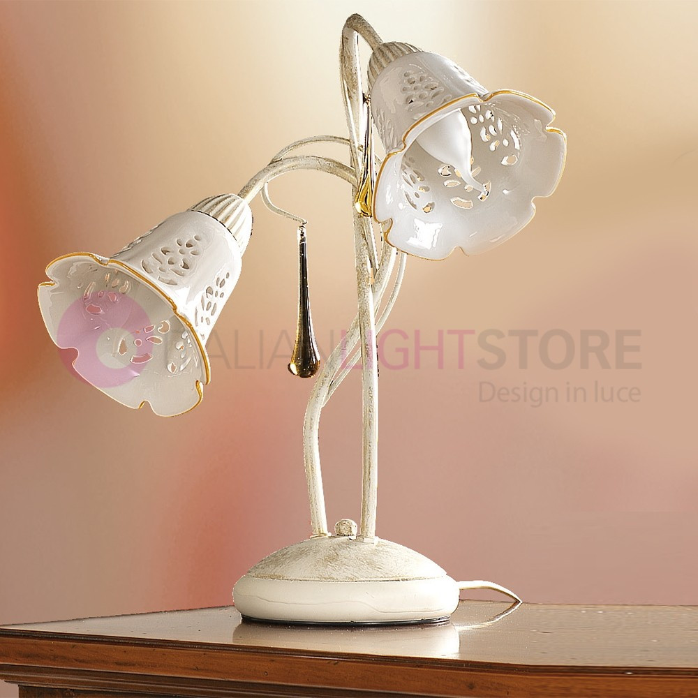 SUVERETO 2208.L2 CERAMICHE BORSO Table Lamp 2 Lights Rustic Ivory Wrought Iron and Ceramic