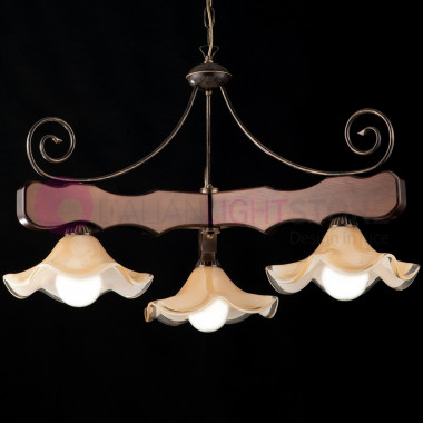 CHALET Chandelier Rustic 3 Lights in Walnut Wood and Iron Brown