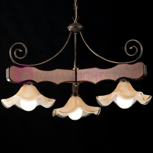CHALET Chandelier Rustic 3 Lights in Walnut Wood and Iron Brown