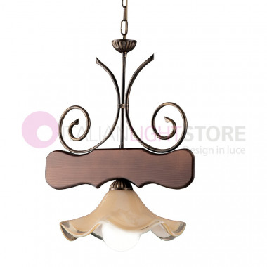 HUT Lamp Suspension d.43 Rustic Wood Walnut and Iron Brown