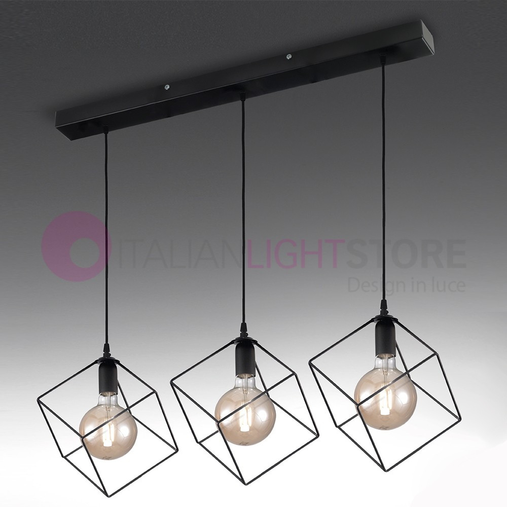 NURY Sospensione a 3 Luci Lineare Gabbie Cubo in Metallo Nero L. 16 Stile Vintage Industriale