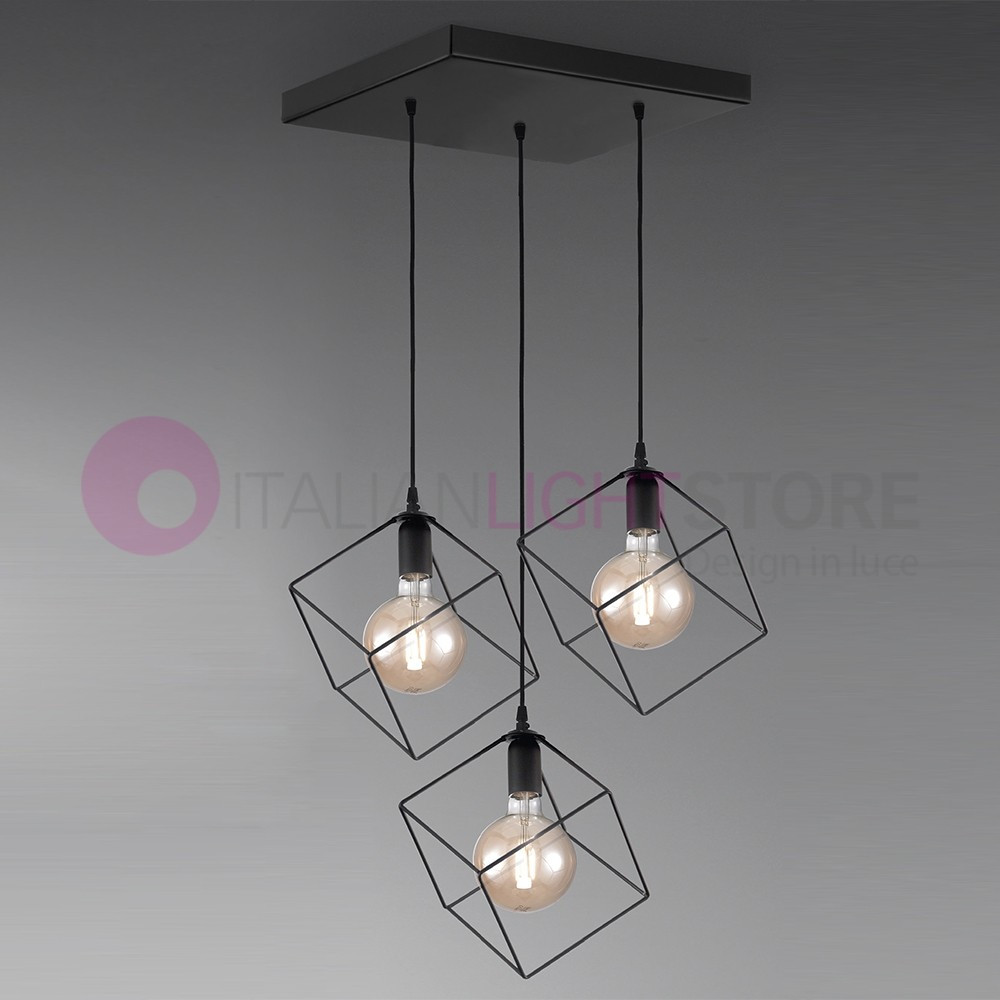 NURY Suspension 3 Lumières Cages Cube-Noir Métal L. 16 Style Vintage Industriel