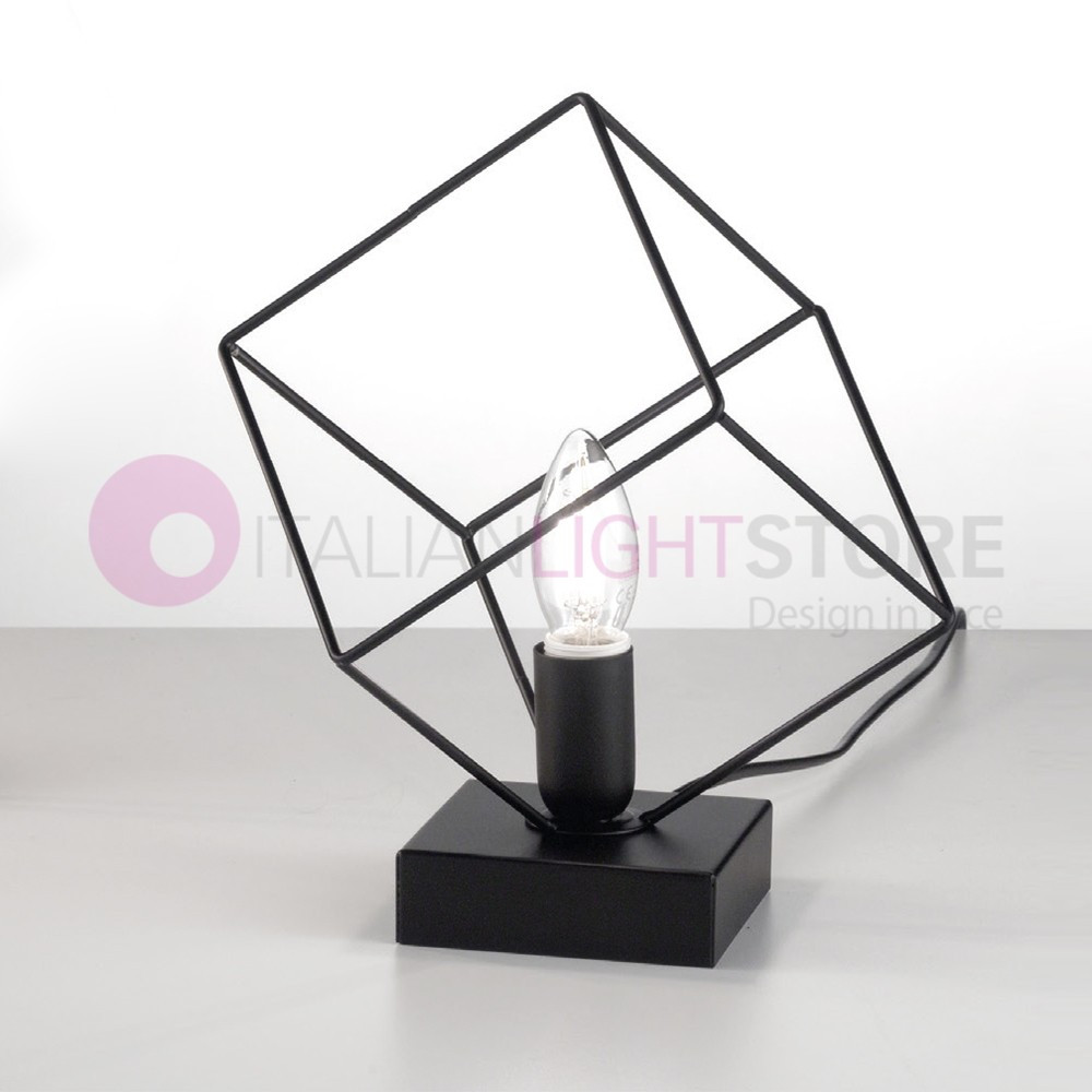 NURY Lámpara de Mesa Jaula Cubo Metal Negro L. 16 Estilo Vintage Industrial