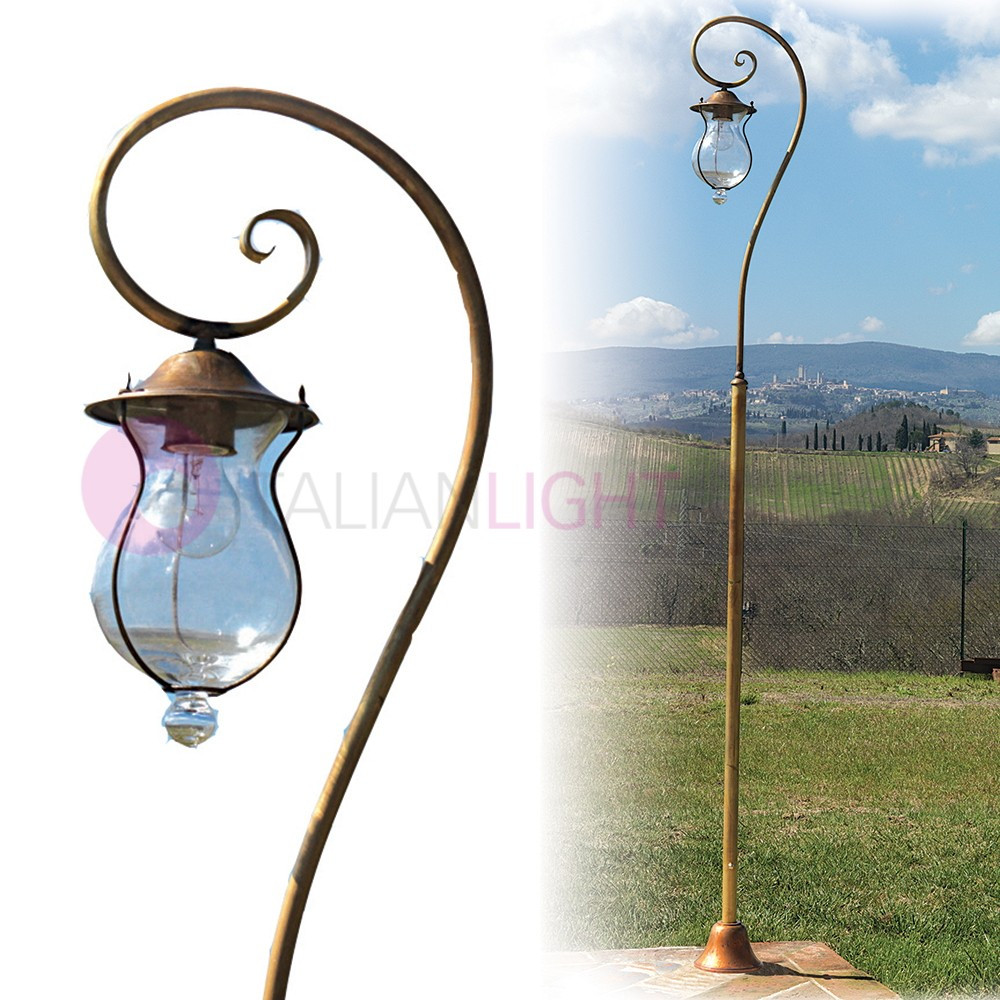 BACCO Lampione Rustico h. 230 a 1 luce in Ottone Anticato per Esterno Giardino FEBOLIGHT