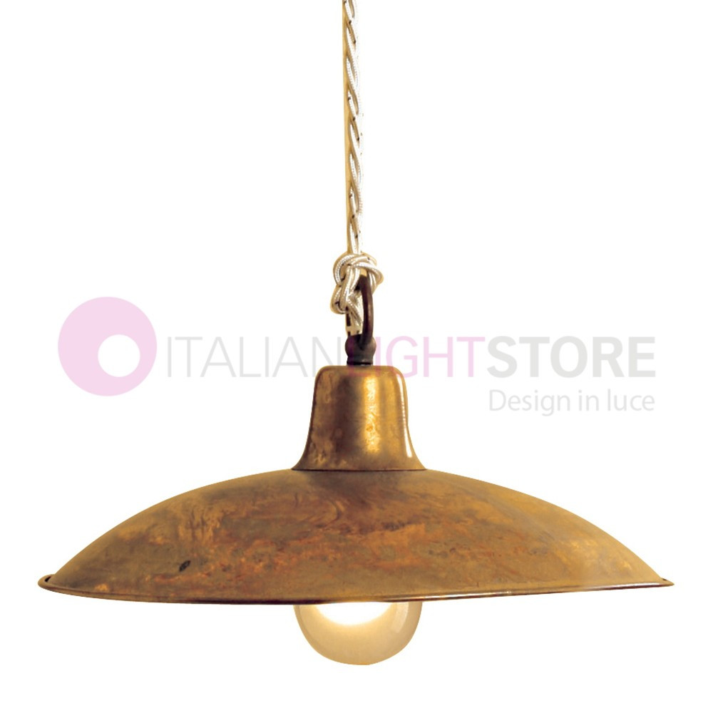 TEO Sospensione Piatto Rustico D. 26 Ottone Anticato Stile Vintage Country FEBOLIGHT